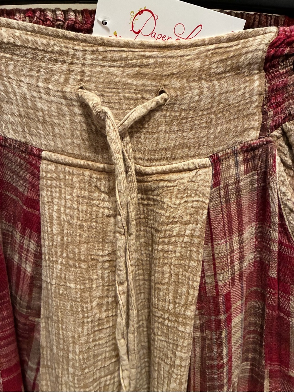 PAPER LACE Boho Wide-Leg Patchwork Pants in Tan and Red Plaid SMALL - Picture 5 of 7